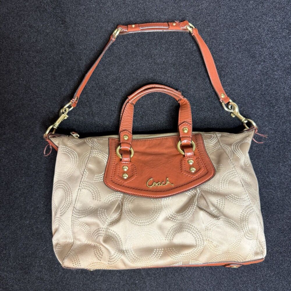 Coach Ashley Dotted Op Art Satchel Khaki Orange Leather Shoulder Bag Purse